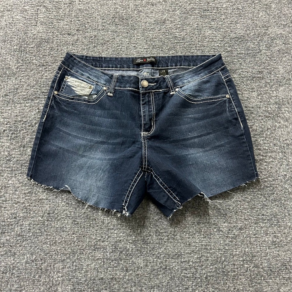 Love Indigo Shorts Womens Size 14 Dark Wash Rayon Blend Sequin Wing Raw Hem